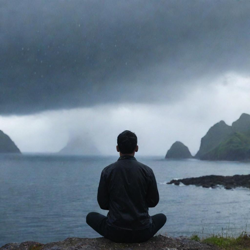 An individual in a moment of prayer, looking up towards the sky as cold raindrops fall, with a soul warming aura. In the background, a stunning view of an island.