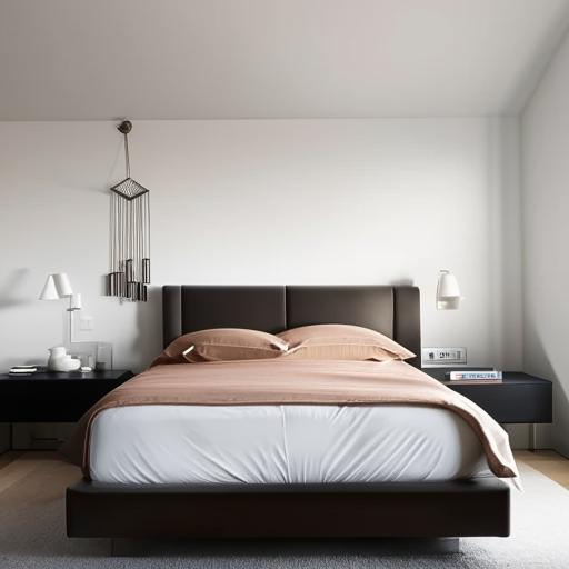 A modern bedroom interior, featuring a comfortable bed, minimalist furniture, abundant natural light, and sleek design touches.