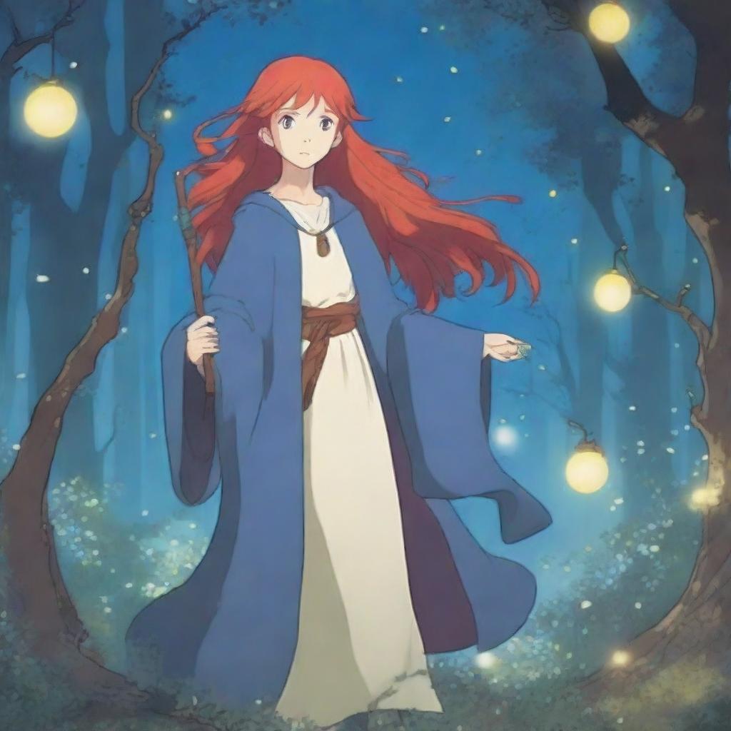 A blue-eyed, red-haired witch in the enchanting style of Studio Ghibli