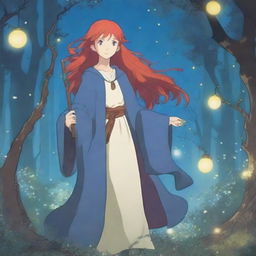 A blue-eyed, red-haired witch in the enchanting style of Studio Ghibli