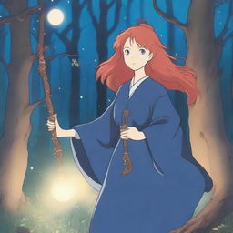 A blue-eyed, red-haired witch in the enchanting style of Studio Ghibli