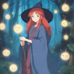 A blue-eyed, red-haired witch in the enchanting style of Studio Ghibli