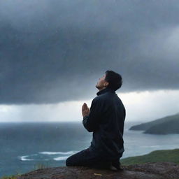 An individual in a moment of prayer, looking up towards the sky as cold raindrops fall, with a soul warming aura. In the background, a stunning view of an island.