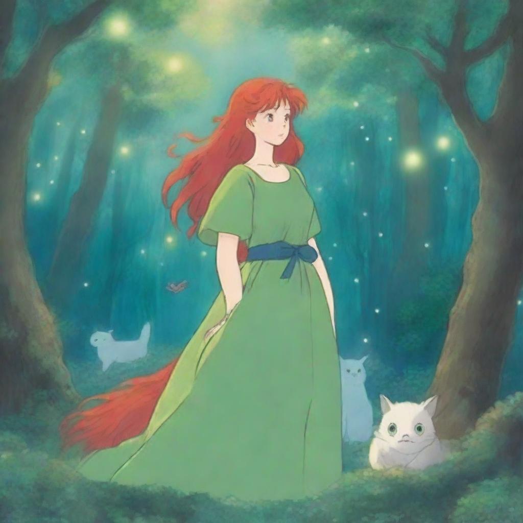 A blue-eyed, red-haired goddess wearing a flowing green dress in the enchanting style of Studio Ghibli