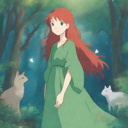 A blue-eyed, red-haired goddess wearing a flowing green dress in the enchanting style of Studio Ghibli