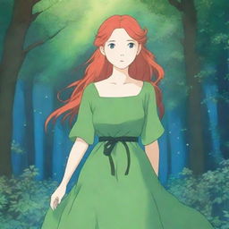 A blue-eyed, red-haired goddess wearing a flowing green dress in the enchanting style of Studio Ghibli