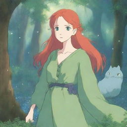 A blue-eyed, red-haired goddess wearing a flowing green dress in the enchanting style of Studio Ghibli