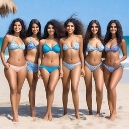 Create an image featuring five petite Indian bikini models, each with a different body type and hairstyle