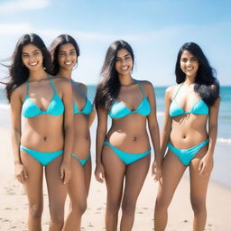 A group of five petite Indian women wearing extra small string bikinis, standing together on a beach