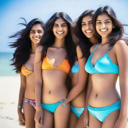 A group of Indian girls wearing colorful bikinis, standing on a sunny beach with clear blue skies and gentle waves in the background