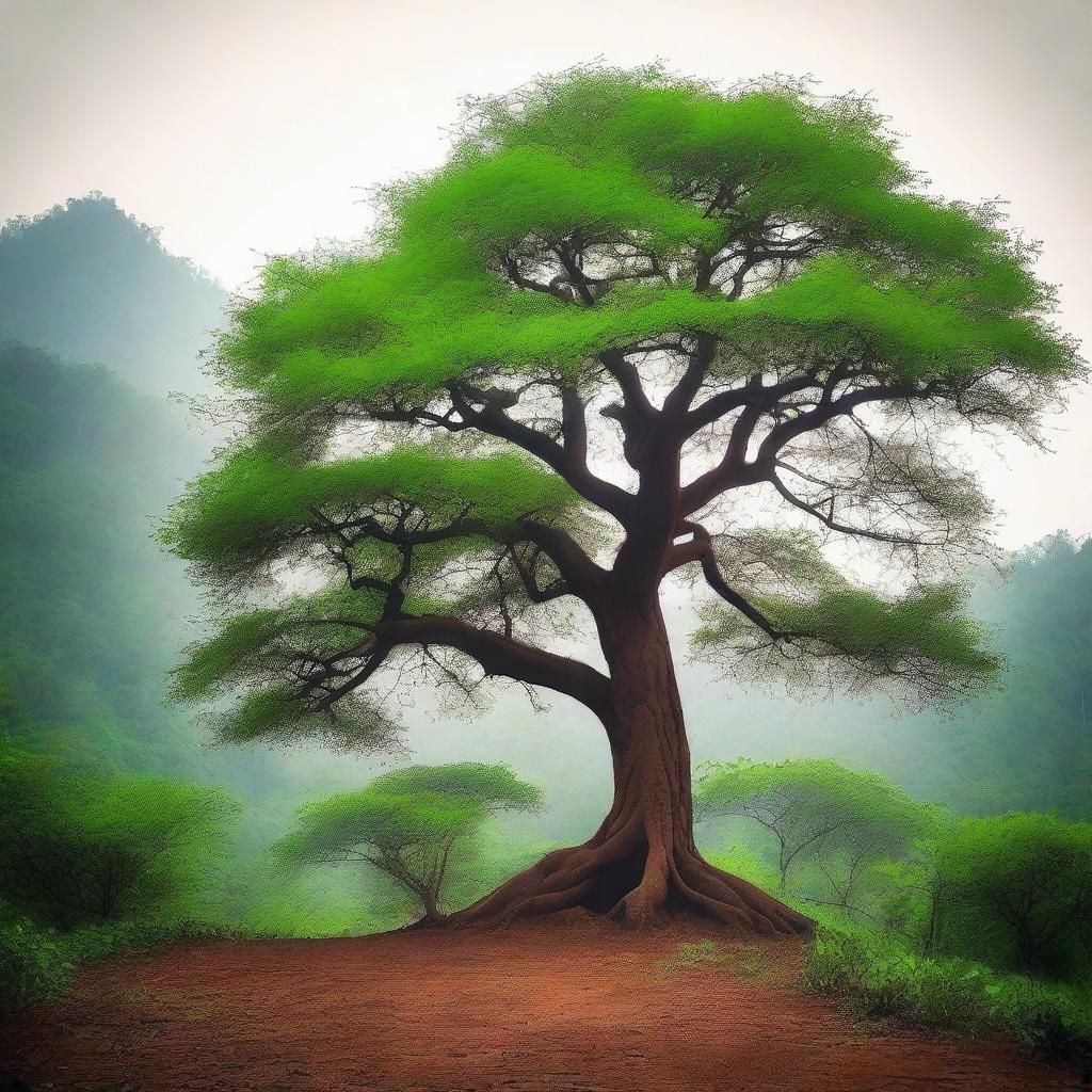 A majestic tree standing alone outside a dense forest in India