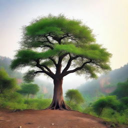 A majestic tree standing alone outside a dense forest in India