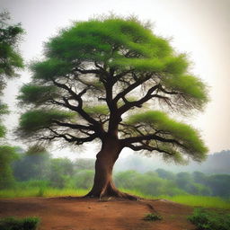 A majestic tree standing alone outside a dense forest in India