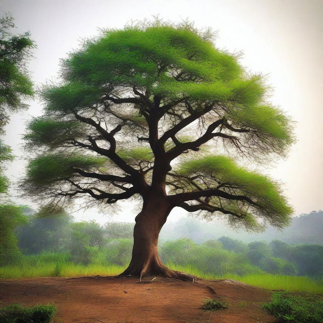 A majestic tree standing alone outside a dense forest in India