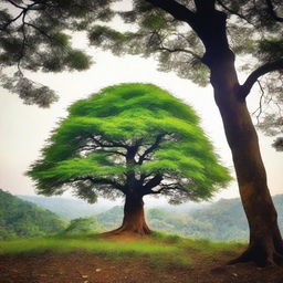 A majestic tree standing alone outside a dense forest in India