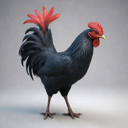 A 3D model of a fierce black rooster with striking red eyes