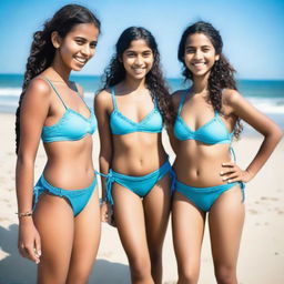 A group of petite Indian girls wearing extra small string bikinis, their hair arranged in French braids