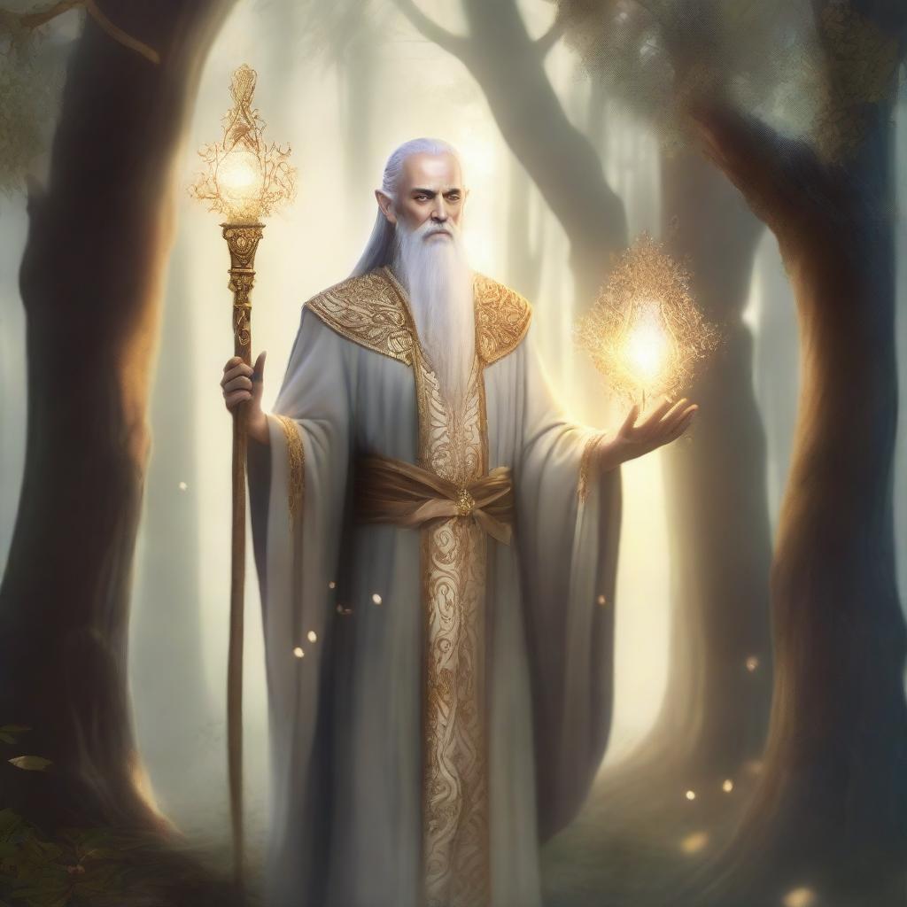 A majestic high elf priest standing in a serene, mystical forest