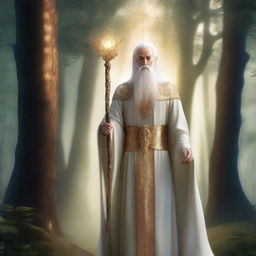 A majestic high elf priest standing in a serene, mystical forest