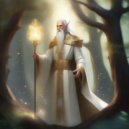 A majestic high elf priest standing in a serene, mystical forest