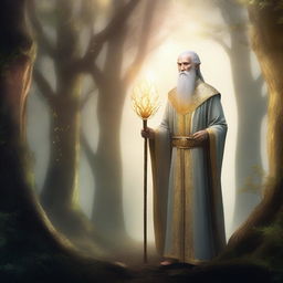 A majestic high elf priest standing in a serene, mystical forest