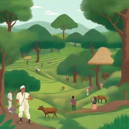 A detailed illustration showcasing various agroforestry models in Assam, India