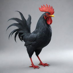 A 3D model of a fierce black rooster with striking red eyes