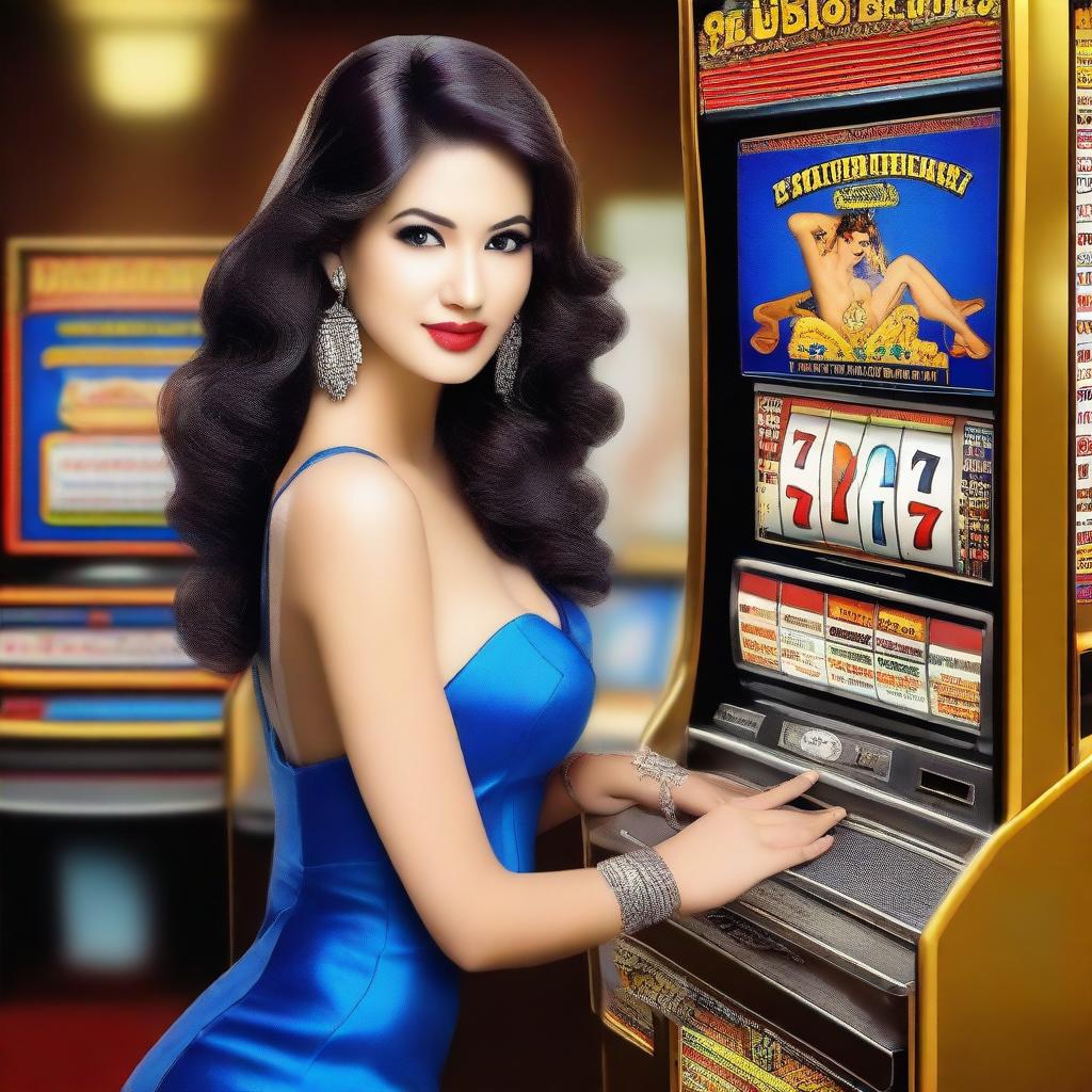 Create an image of a sexy woman wearing a blue dress with a slot machine background