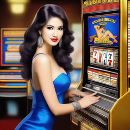 Create an image of a sexy woman wearing a blue dress with a slot machine background