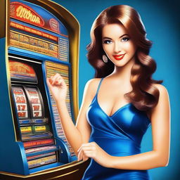 Create an image of a sexy woman wearing a blue dress with a slot machine background