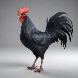 A 3D model of a fierce black rooster with striking red eyes