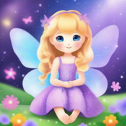 Create a cute and tender fairy with blonde hair, wearing a purple dress