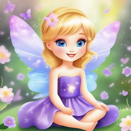 Create a cute and tender fairy with blonde hair, wearing a purple dress