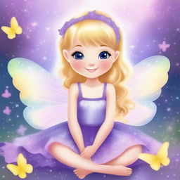 Create a cute and tender fairy with blonde hair, wearing a purple dress