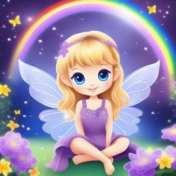 Create a cute and tender fairy with blonde hair, wearing a purple dress