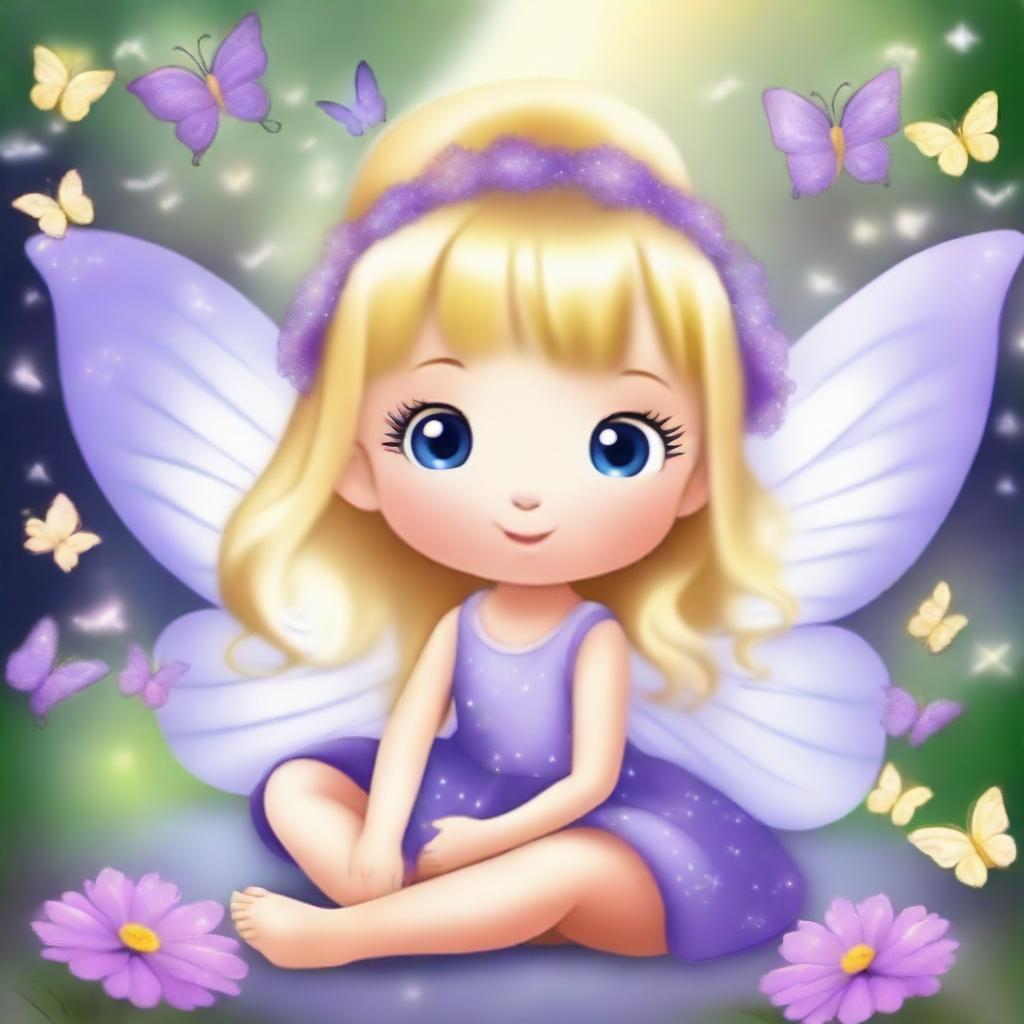 Create a cute and tender fairy with blonde hair, wearing a purple dress