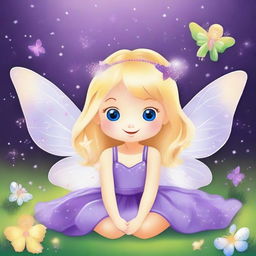 Create a cute and tender fairy with blonde hair, wearing a purple dress