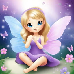 Create a cute and tender fairy with blonde hair, wearing a purple dress