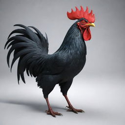 A 3D model of a fierce black rooster with striking red eyes