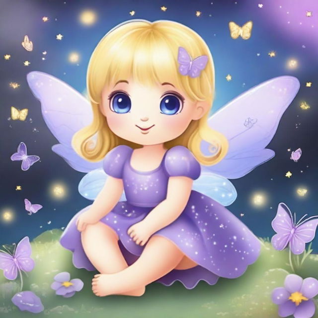 Create a cute and tender fairy with blonde hair, wearing a purple dress