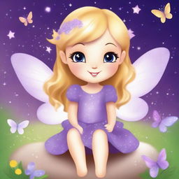 Create a cute and tender fairy with blonde hair, wearing a purple dress, sitting with a happy expression