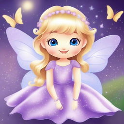 Create a cute and tender fairy with blonde hair, wearing a purple dress, sitting with a happy expression