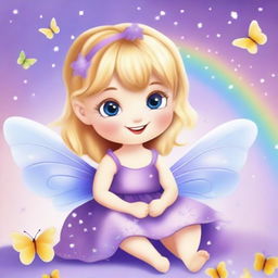 Create a cute and tender fairy with blonde hair, wearing a purple dress, sitting with a happy expression