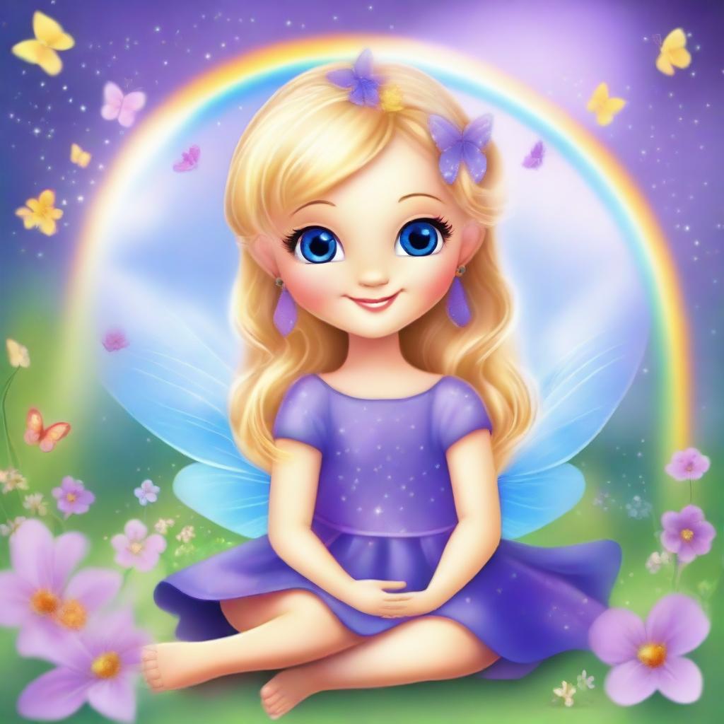 Create a cute and tender fairy with blonde hair, wearing a purple dress, sitting with a happy expression