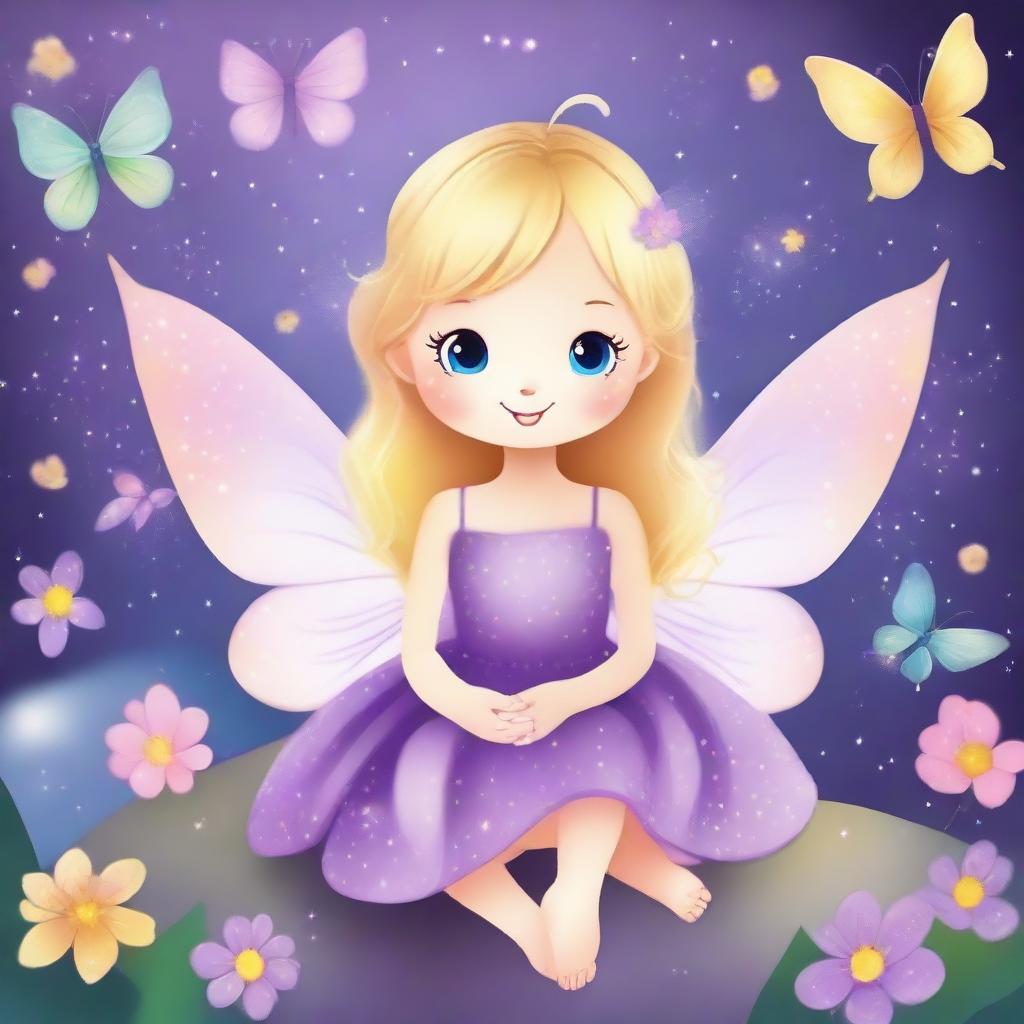 Create a cute and tender fairy with blonde hair, wearing a purple dress