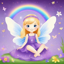 Create a cute and tender fairy with blonde hair, wearing a purple dress