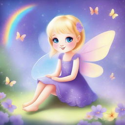 Create a cute and tender fairy with blonde hair, wearing a purple dress