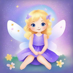 Create a cute and tender fairy with blonde hair, wearing a purple dress