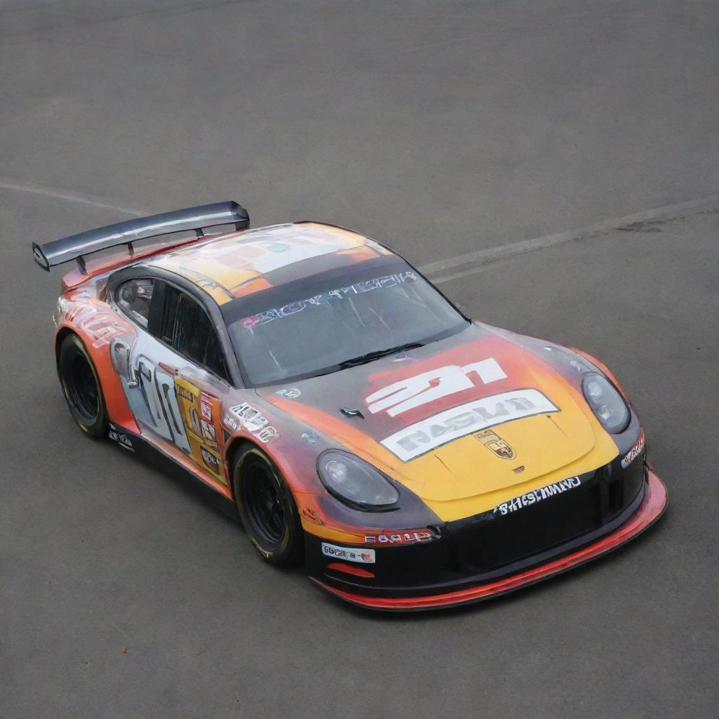 A Porsche transformed into a NASCAR version, showcasing dazzling colors, racing enhancements and adorned with sponsor decals.