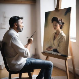 A man painting a portrait of a woman